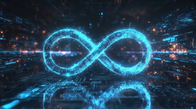 Electric blue glowing infinity loop suspended in a futuristic tech environment representing continuous advancement and boundless opportunity