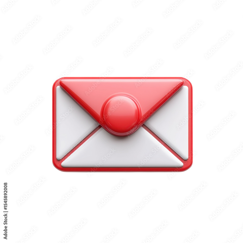 Poster glossy email icon notification red and white design letter message contact on transparent background