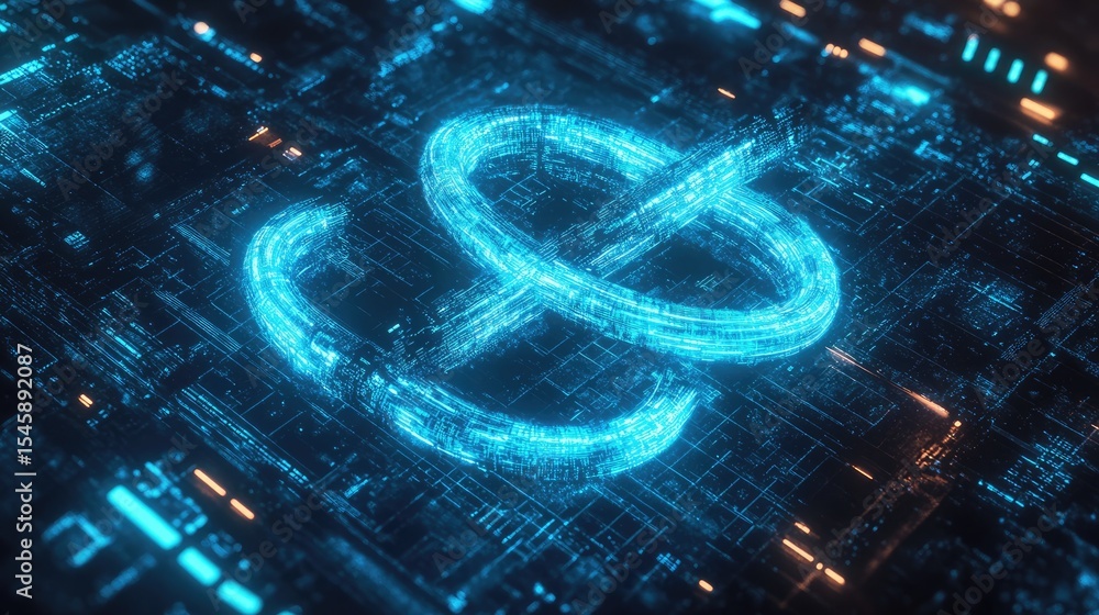 Poster radiant infinity loop glowing in blue neon placed in a high tech cyberspace setting symbolizing adva