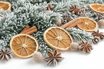 Festive winter arrangement with snow covered pine branches dried oranges star anise and cinnamon sticks