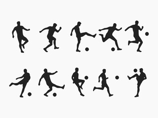 Fototapeta premium Collection of Black Silhouette Soccer Players Kicking and Running with a Ball