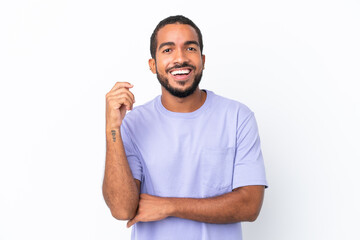 Young Ecuadorian man isolated on white background laughing