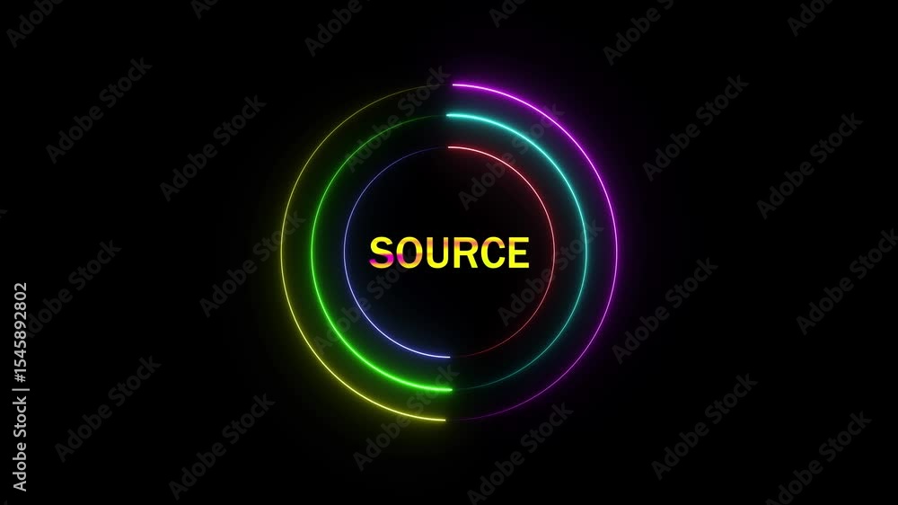 Poster source text effect technology neon circle with the word black background.