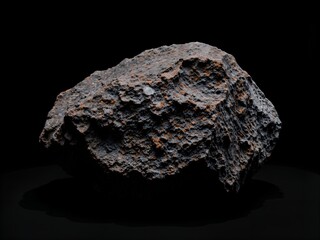 Fototapeta premium Photorealistic close-up of a textured meteorite, intricate regmaglypts, dark metallic sheen, subtle rust-colored accents, casting sharp shadows on a pure black void background, dramatic studio lightin