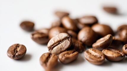 Naklejka premium Richly roasted coffee beans scattered on a white surface, highlighting their texture and glossy finish