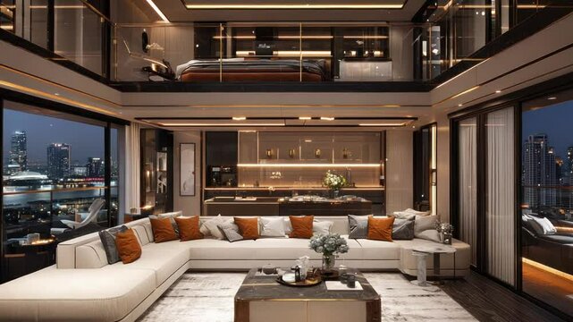 Luxury penthouse living room with city views