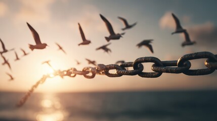 A chain breaks as birds fly freely over the ocean at sunset, symbolizing freedom, release, and breaking barriers
