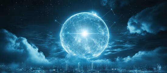 Futuristic city at night with glowing sphere above.