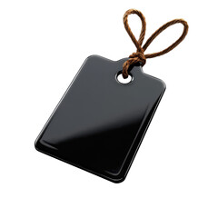 Fototapeta premium Glossy black tag with brown string Retail element Shiny label promotion on transparent background
