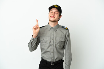 Young Russian security man isolated on white background showing and lifting a finger in sign of the...