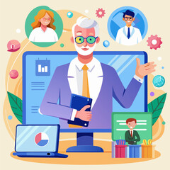 Professor Hosting an Online Seminar – Virtual Learning, Distance Education, and Academic Webinar Illustration
