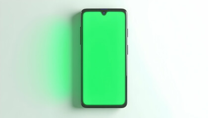 Mobile Phone with Green Screen on White Surface Mockup