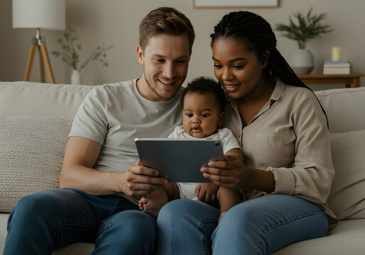 Happy interracial family enjoys screen time together on a couch, sharing a tablet with their baby.