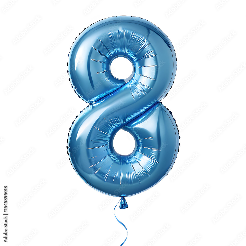 Fototapete a balloon shaped like the number 8, chrome blue metallic finish with realistic reflections and smoot