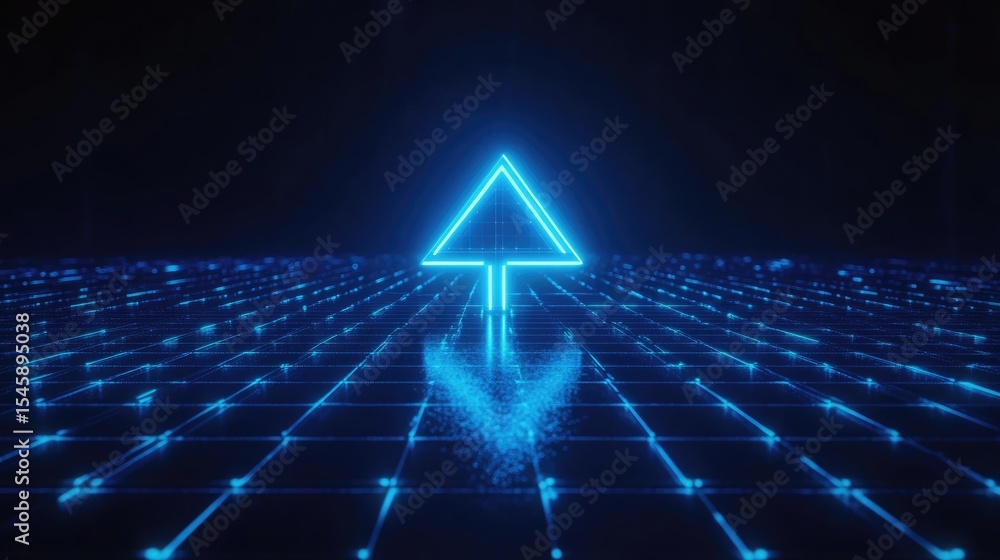 Poster neon styled arrow in radiant blue lighting positioned over a deep blue tech background with structur