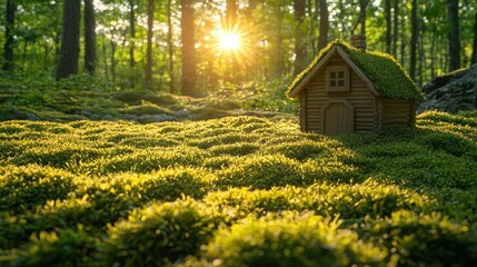 Miniature wooden cabin nestled in a lush mossy forest at sunset. Sunlight streams through the trees, highlighting the tiny home