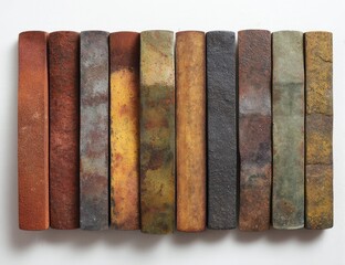 Ten rectangular art sticks, earthy tones, showing varying degrees of wear and texture, arranged in a row against a plain white background