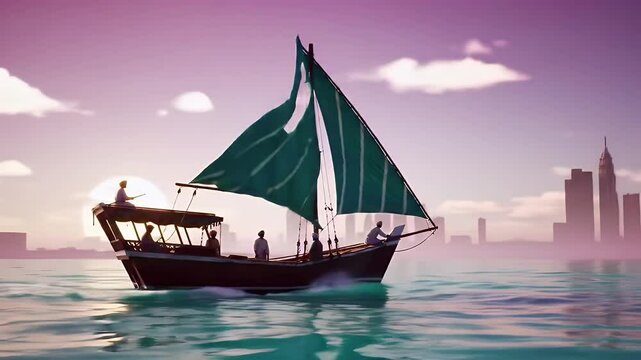 Dhow Sailing at Sunset with a Modern City Skyline in the Arabian Sea with Clear Sky