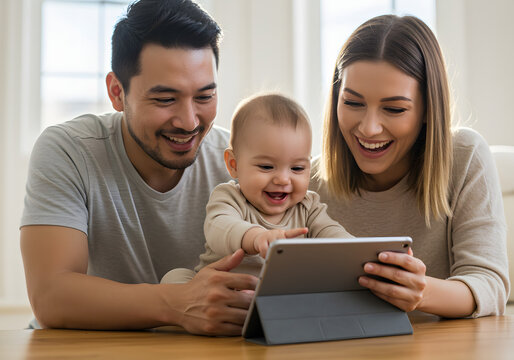 A happy family of three enjoys a tablet together, laughing and smiling.