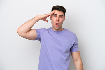 Young caucasian man isolated on white background has realized something and intending the solution