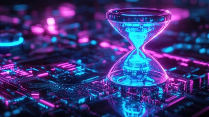 Cyberpunk hourglass glowing with neon blue and purple lights representing the continuous passage of time in a futuristic digital universe