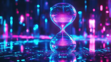 Radiant hourglass lit with purple and blue neon lights set in a cyberpunk world symbolizing time’s infinite flow through futuristic design