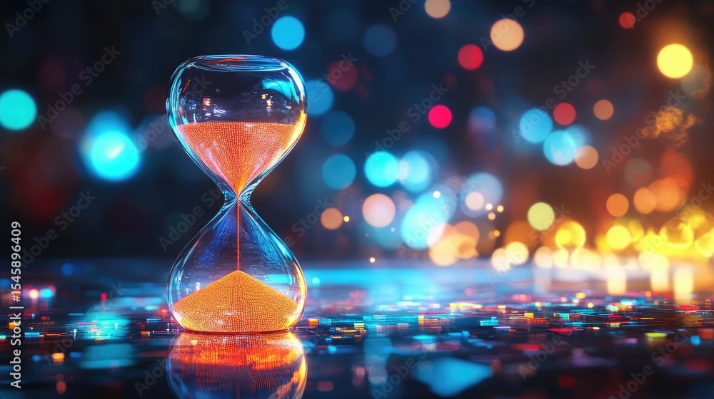 Poster luminous glass hourglass with digital sand floating in a neon lit abstract tech space showing the li