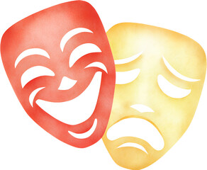 Watercolor comedy and tragedy masks on transparent background.