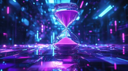 Sci-fi themed glowing hourglass with light filled sand surrounded by vivid neon lights in a purple and blue futuristic digital backdrop