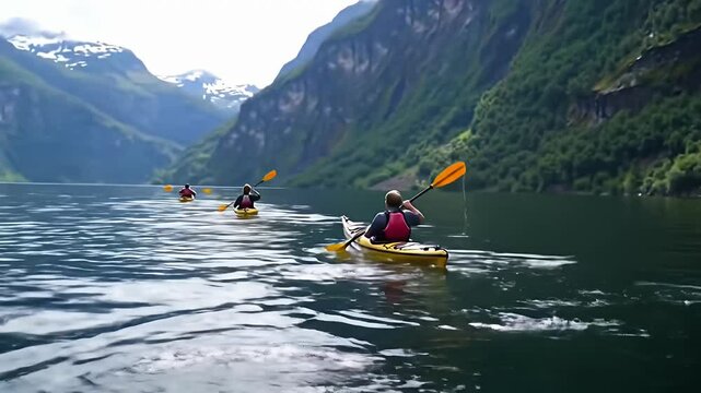 Kayakers paddle calm fjord with steep, forested mountains background