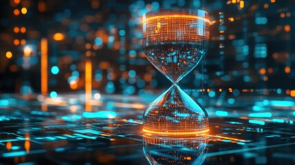 High tech abstract scene with a luminous glass hourglass glowing against an LED style digital setting symbolizing time and technological progress