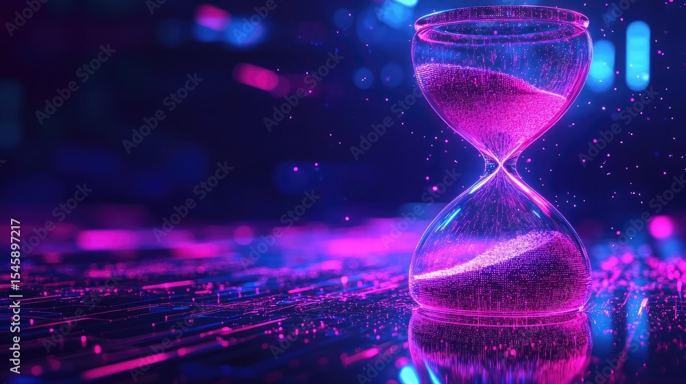 Poster futuristic hourglass with luminous particles flowing inside glowing within a cyber neon setting that
