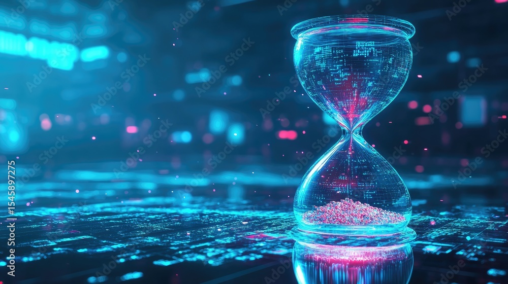 Poster neon lit digital hourglass shimmering with glowing elements placed in a high tech environment that s