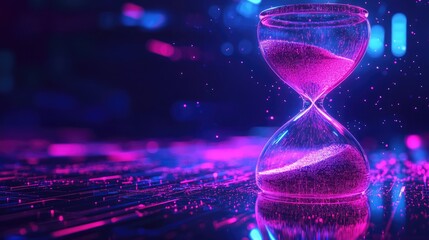 Futuristic hourglass with luminous particles flowing inside glowing within a cyber neon setting that captures time innovation and digital design