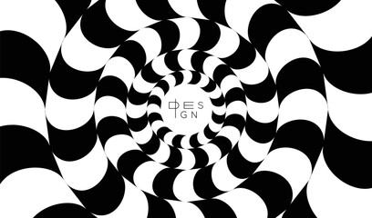 Pattern with optical illusion. Black and white design. Abstract striped background. Illustration for cover, card, postcard, interior design, banner, poster, brochure or presentation.