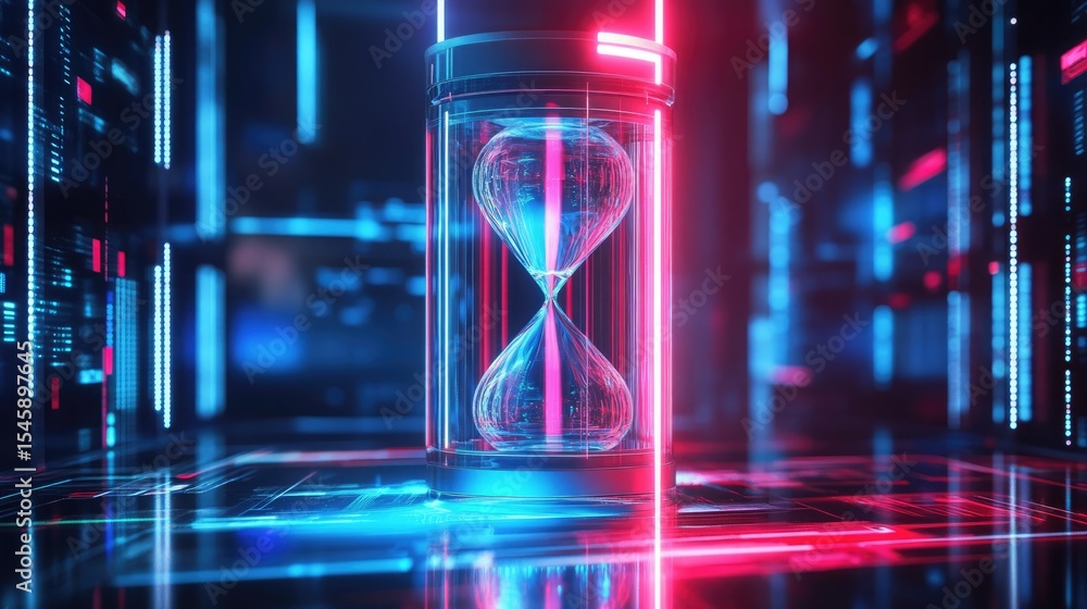 Poster futuristic abstract hourglass glowing with led accents placed in a smooth digital setting reflecting