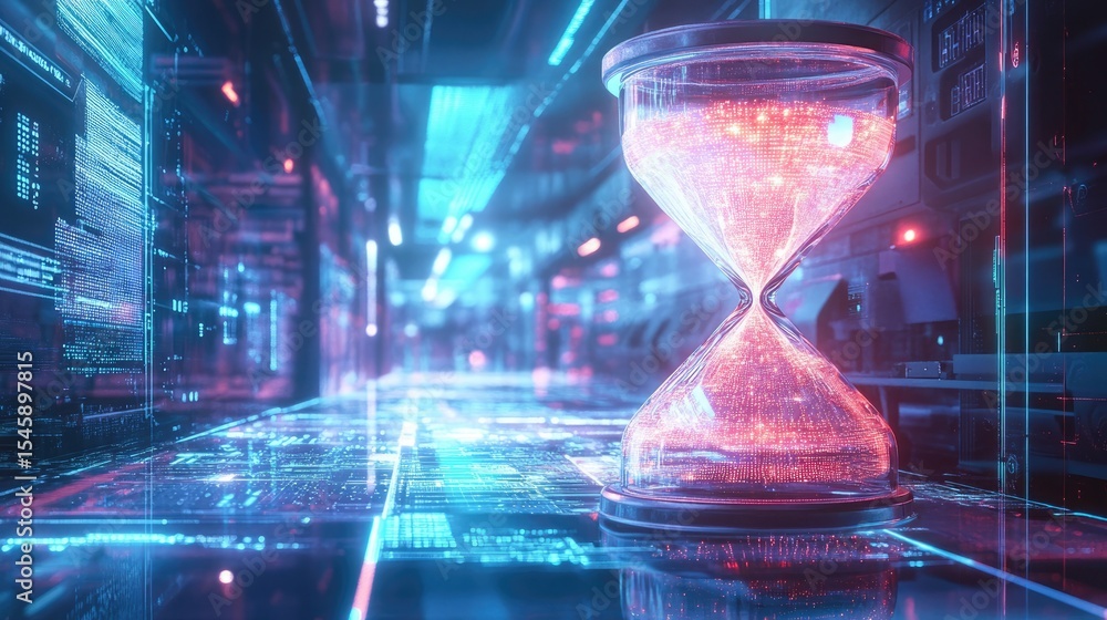 Poster futuristic glowing hourglass with shimmering trails of light set in a cyber sci fi environment fille