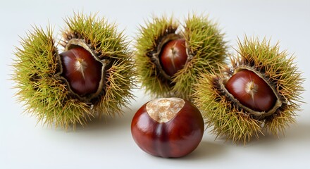 Close up of a raw horse chestnut fruit with spiny burrs on white surface. Autumn season harvest and natural ingredient for health.