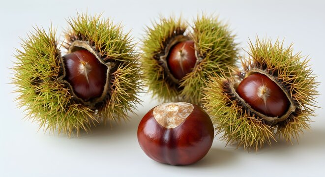 Close up of a raw horse chestnut fruit with spiny burrs on white surface. Autumn season harvest and natural ingredient for health. - Powered by Adobe
