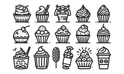  Sweets, Candy and Desserts Icon set line art silhouette vector illustration