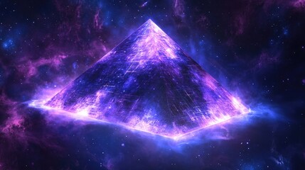 Mystical glowing pyramid suspended in a cosmic scene of soft neon light and deep purples blending with celestial space tones