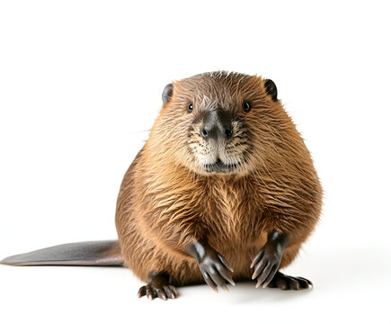 A cute brown prairie dog stands on a white background, a furry rodent in a close-up shot - Powered by Adobe