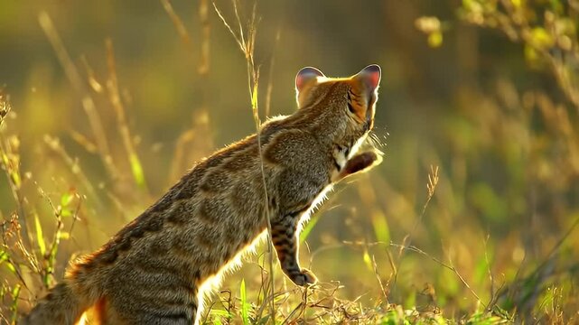Genetta standing amongst tall grasses, bathed in golden light