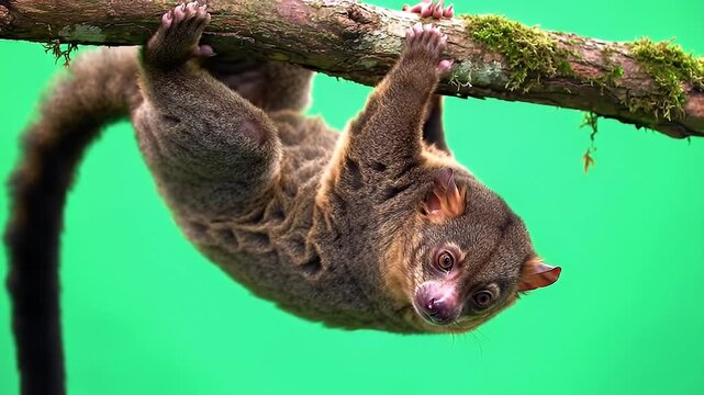 Cuscus hangs upside-down, gripping mossy branch with paws