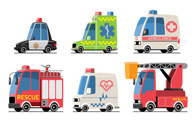 Emergency vehicles set cartoon illustration . Included police car, volunteer rescue vehicle, ambulance, fire truck and crane truck . Flat design . Isolate on white background . Vector .