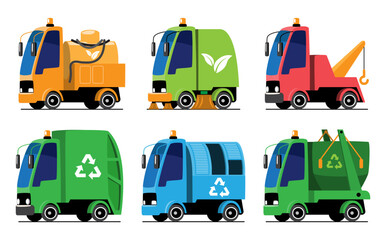 Waste Management Vehicles or Garbage Truck set cartoon illustration . Flat design . Isolate on white background . Vector .