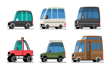 Personal Cars set cartoon illustration included van, minivan, SUV car, off-road vehicle and motorhome . Flat design . Isolate on white background . Vector .