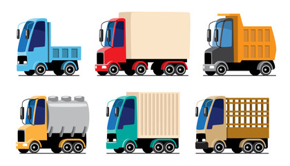 Logistics Trucks or Commercial transportation vehicles cartoon illustration included Flatbed, Box, Dump, Tanker, Container and Stake Truck . Flat design . Isolate on white background . Vector .