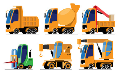 Industrial or Construction Vehicles set cartoon illustration included Dump, Cement Mixer, Forklift and Crane truck . Flat design . Isolate on white background . Vector .