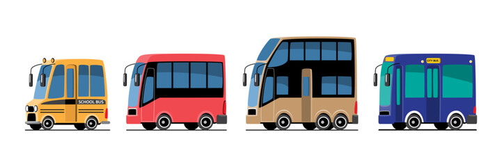 Public transportation or commercial vehicles set cartoon illustration included school bus, city bus and double decker bus . Flat design . Isolate on white background . Vector .